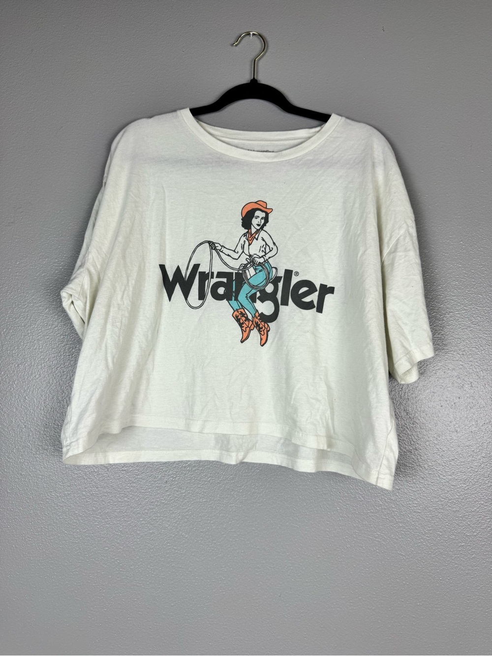 Wrangler White Cropped Tee with Orange and Teal Cowgirl Graphic - Picture 2 of 5